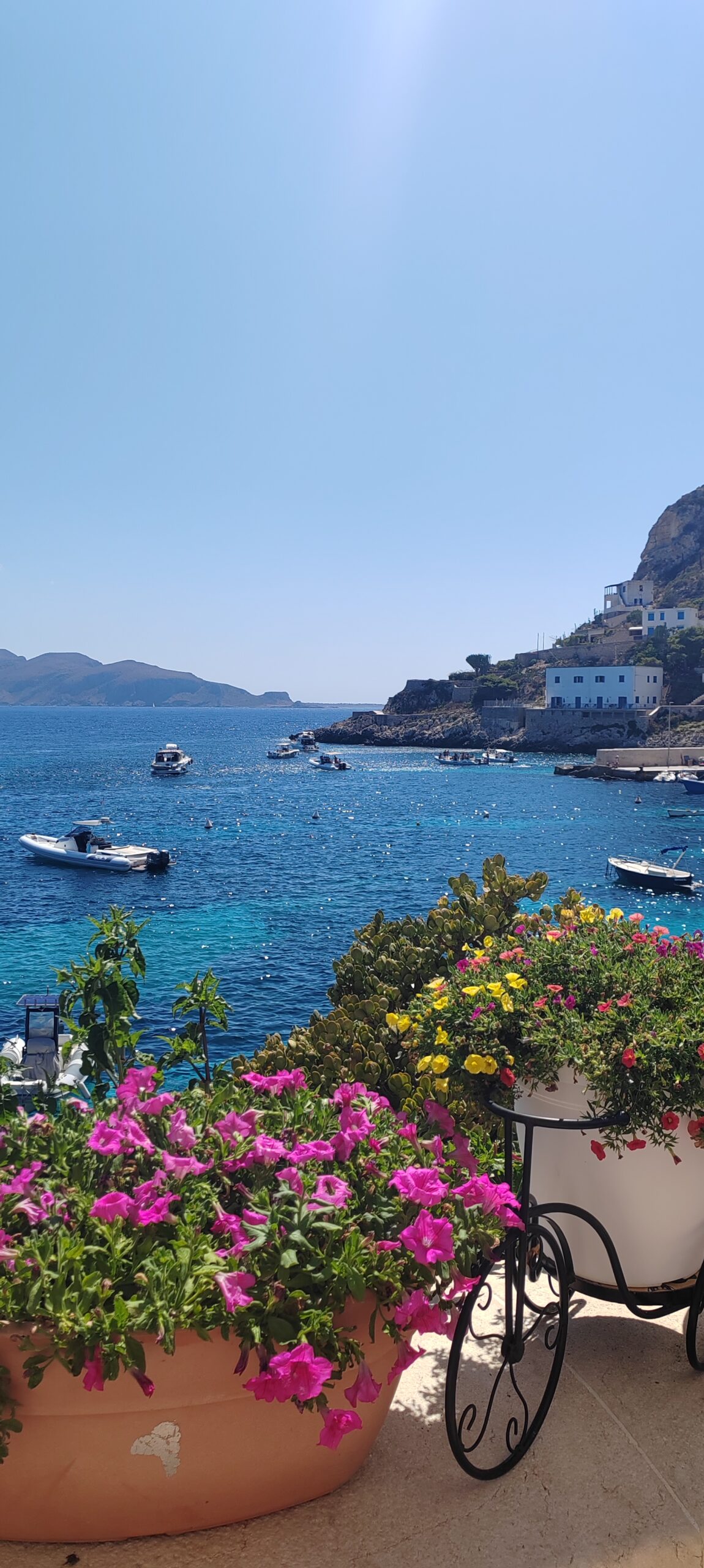 Mer mediterraneenne et fleurs sur une terrasse italienne